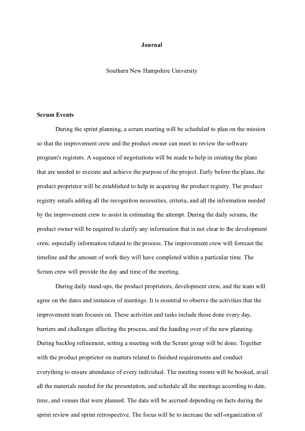 Preview image for Journal Assignment  |    Journal  Southern New Hampshire University  Scrum Events  Dur